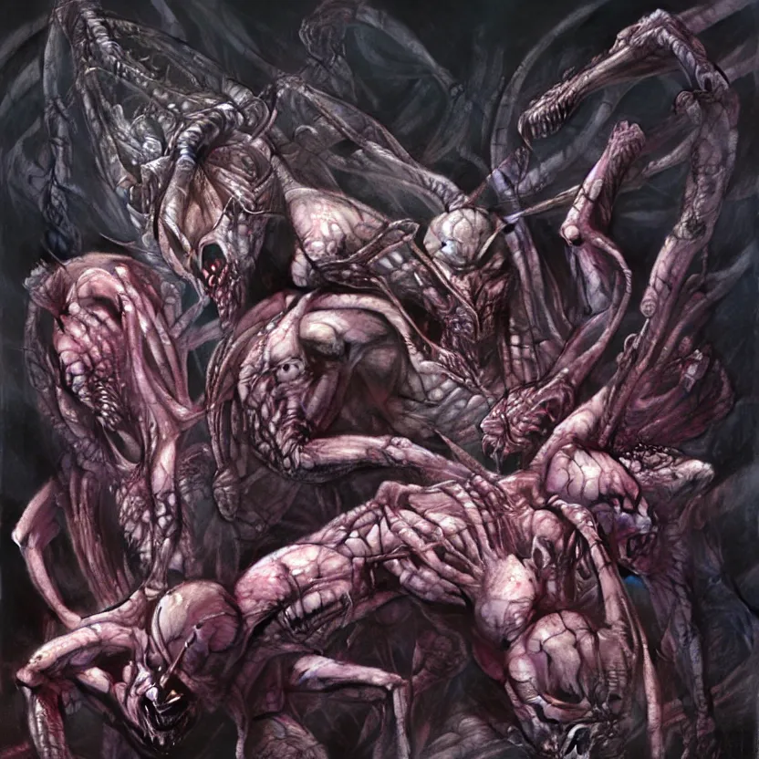 Image similar to still frame from Prometheus movie by Hajime Isayama, WH40k chaos Slaanesh succubus army by wayne barlowe by Ken Currie painted by Dariusz Zawadzki by giger by beksinski