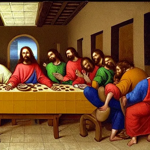 Image similar to in The Last Supper, Jesus is eating a large delicious hamburger that has a beef patty, lettuce, and tomato