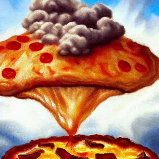 Prompt: mushroom cloud made of pizza. 4 k highly detailed oil painting.