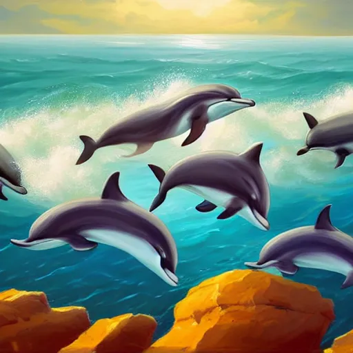 Image similar to a painting of a group of dolphins swimming in the ocean by rhads, deviantart contest winner, fantasy art, lovecraftian, 2 d game art, artstation hq.