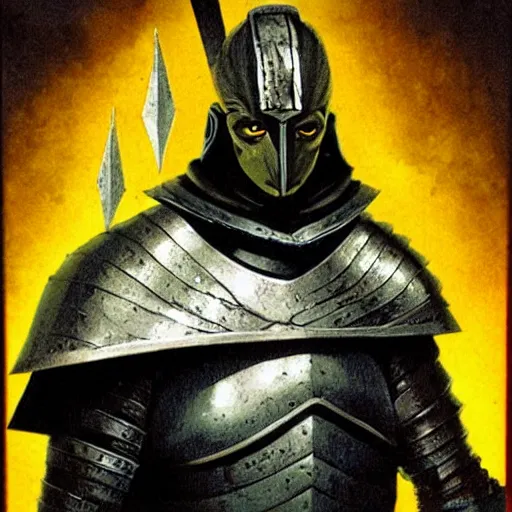 Image similar to ( ( ( head and shoulders portrait of a gaunt noseless yellow - skinned bald githyanki warrior in a breastplate, wielding a magical silver greatsword ) ) ), dave mckean, d & d, fantasy, medieval