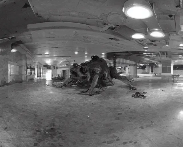 Image similar to camera footage of a Rabid Zerglings in an abandoned shopping mall, high exposure, dark, monochrome, camera, Unreal engine 5, grainy, CCTV, security camera footage, timestamp, zoomed in, fish-eye lens, Evil, Zerg, Brood, spider, horrifying, lunging at camera :4