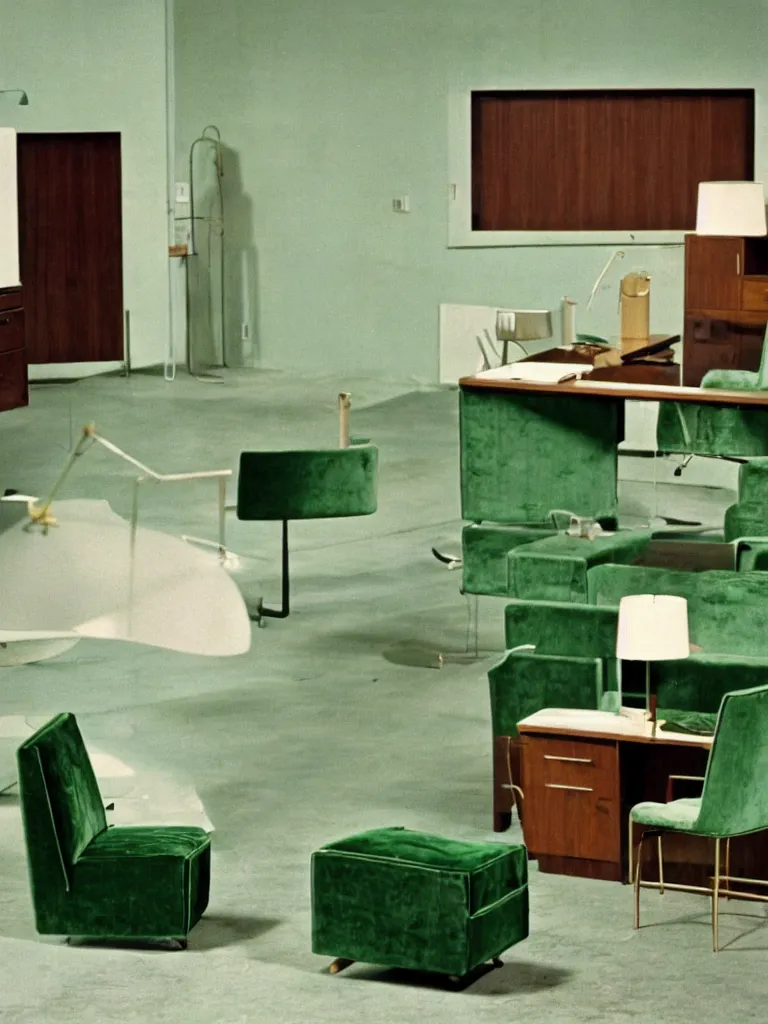 Image similar to a still of severance series indoor 7 0 s green velvet and wood with metal furniture office scenario appearing in a film of jacques tati