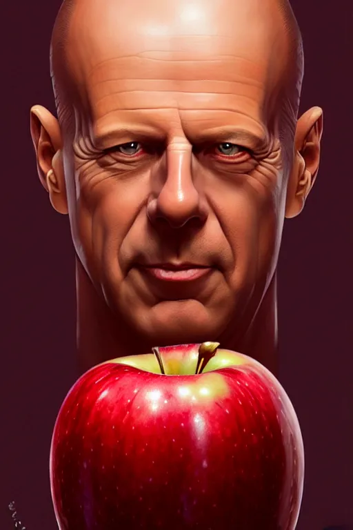 Image similar to bruce willis head inside an apple, hyper detailed, digital art, artstation, cinematic lighting, studio quality, smooth render, by peter mohrbacher, hajime sorayama, wayne barlowe, boris vallejo, aaron horkey, gaston bussiere, craig mullins