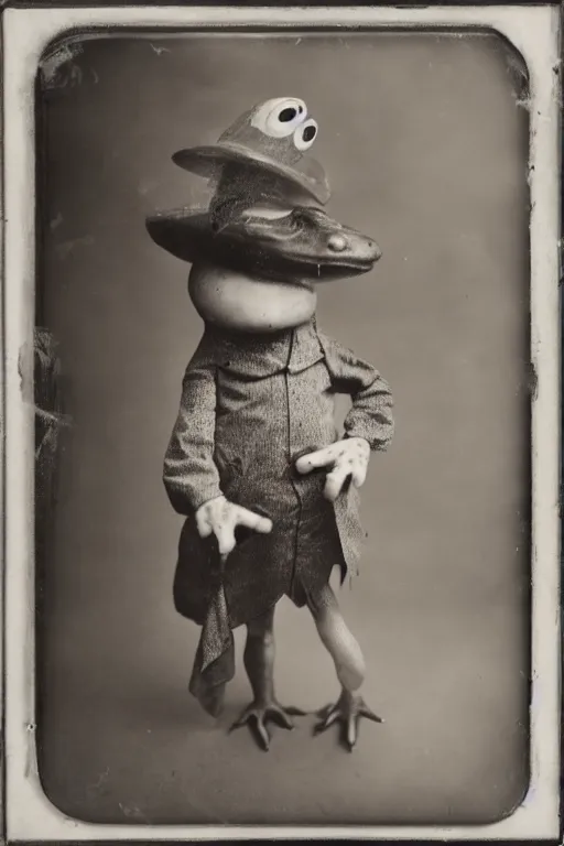 Prompt: a wet plate photo of an anthropomorphic sing and dancing vaudeville frog, porkpie hat