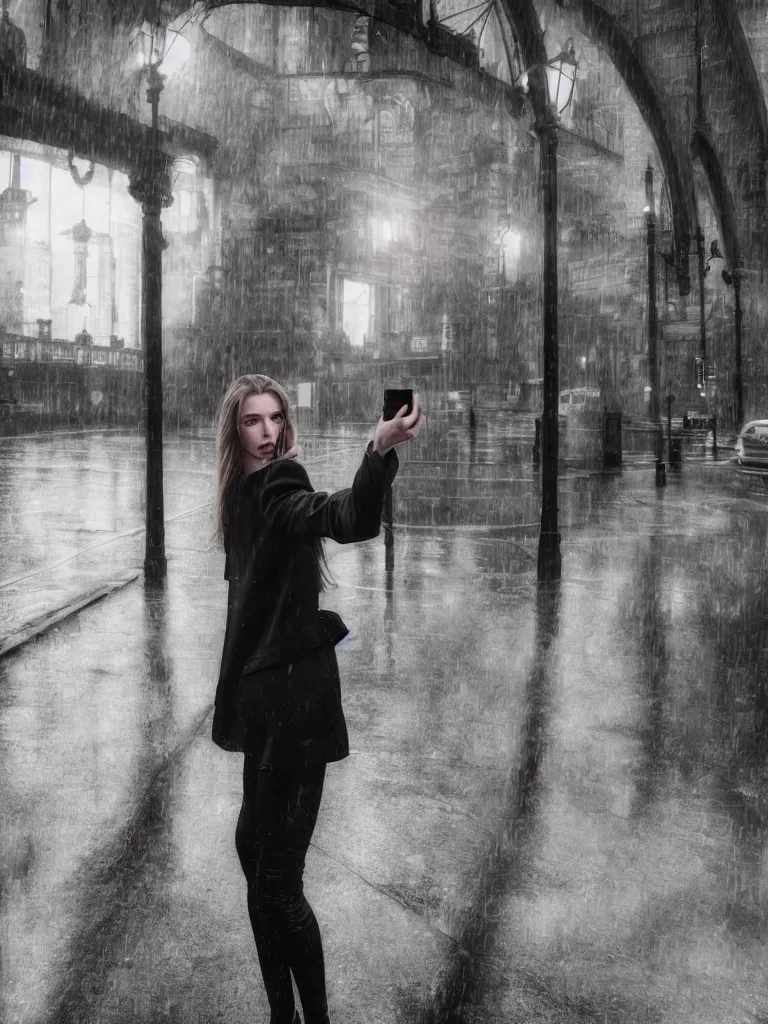 Prompt: cute model annie leonhart taking a selfie in dunwall city, beautiful face, detailed face, natural lighting, rainy weather, volumetric light, gothic architecture, natural reflections, model agency, instagram photo, depression atmosphere, shot on iphone 1 3 pro, beauty filter, postprocessing