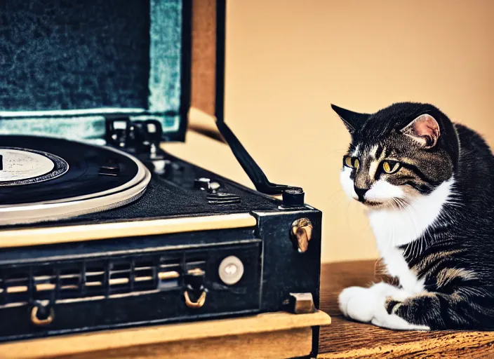 Image similar to photography of a Cat sitting on a record player. in a room full of posters, photorealistic, raining award winning photo, 100mm, sharp, high res