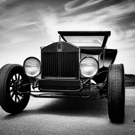 Prompt: Model T Ford with 24 inch rolls royce phantom wheels, (Sony a7R IV, symmetric balance, polarizing filter, Photolab, Lightroom, 4K, Dolby Vision, Photography Award, black and white)