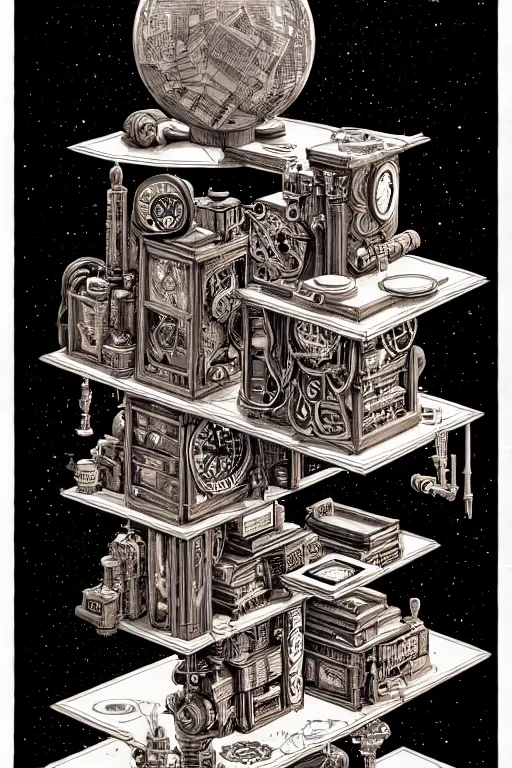 Image similar to a majestic steampunk alchemists bookshelf, two point perspective, furniture, high details, bold line art, by vincent di fate and joe fenton, inking, etching, screen print, masterpiece, trending on artstation, sharp, high contrast, hyper - detailed,, hd, 4 k, 8 k