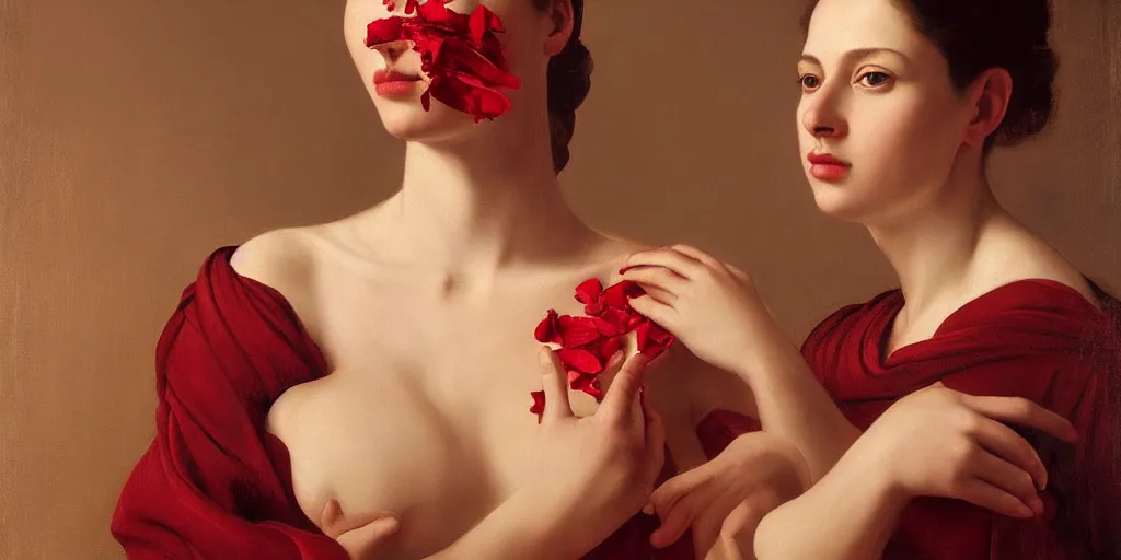 Image similar to beautiful oil matte portrait painting, woman in a red dress covered in rose petals, wonderful masterpiece highly detailed, beautiful cinematic light deep focus, elegant, digital painting, smooth, sharp focus, golden ratio, dramatic illumination, ultra realistic, 8 k, art by artemisia lomi gentileschi and caravaggio