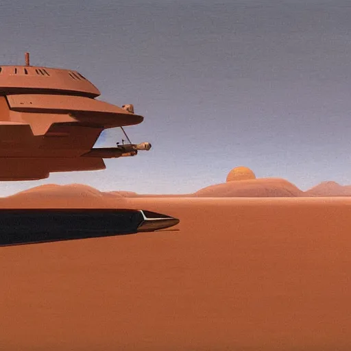 Prompt: sci-fi barge floating over a desert landscape by Ralph McQuarrie