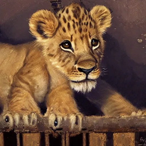 Prompt: adorable lion cub in a cage, oil painting, by greg rutkowski