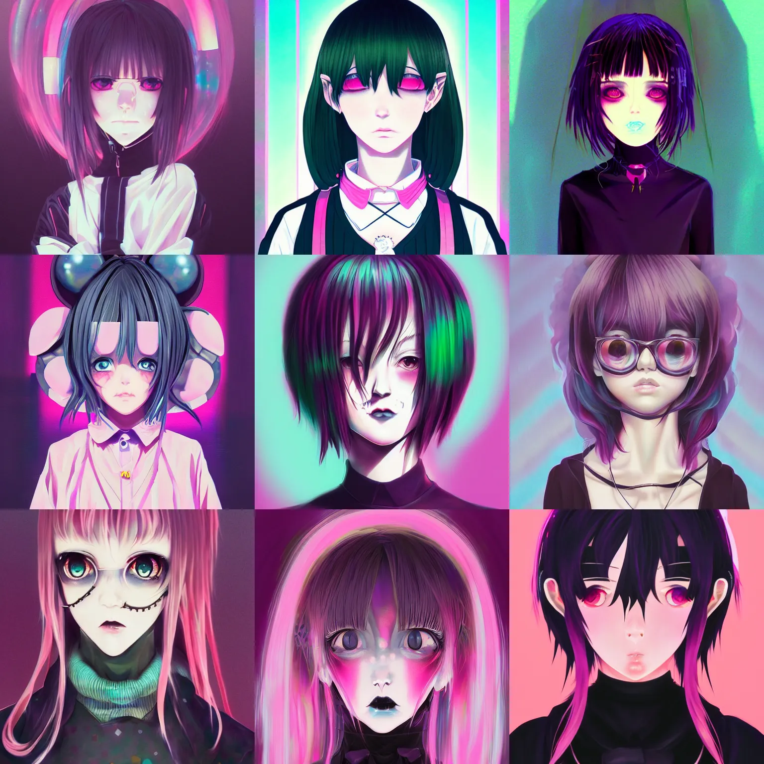 Prompt: 9 0 s, anime pastel goth aesthetic, creepy gothic portrait kawaii, vaporwave colors, anime manga, futuristic, hyperrealistic painting, by stanley twardowicz, ilya kuvshinov, rossdraws, trending on artstation