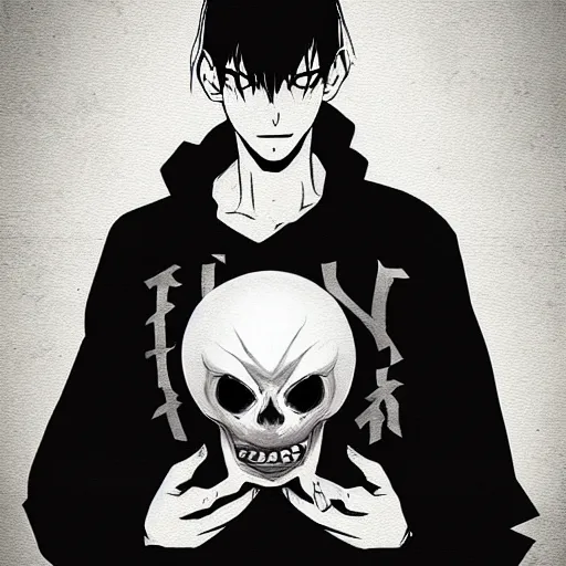 Image similar to evil dark character holding glowing skull, by makoto shinkai, digital art, artstation, high detalied,