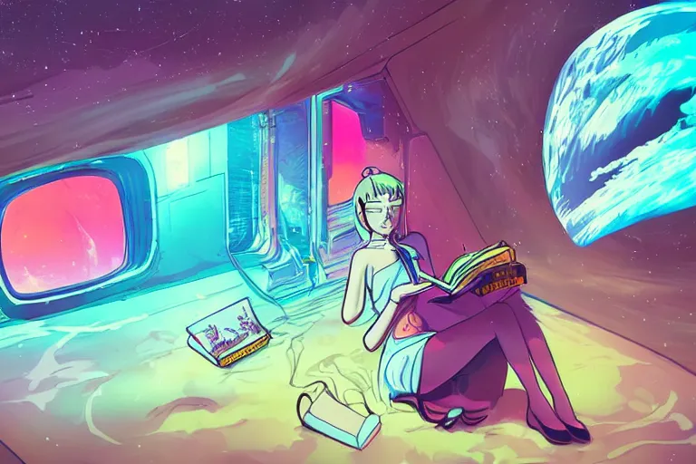 Image similar to a beautiful girl reading a book in space, lofi, anime, digital art, neon, synthwave,