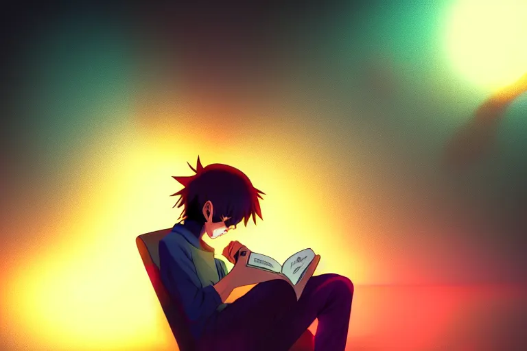 Prompt: an anime boy reading a book, misty, glows, digital art, hazy, foggy, ambient lighting, 8 k, neon, synthwave,