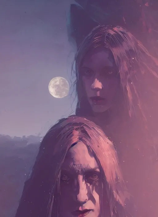 Image similar to portrait of Anna Millerstone as a Dark evil witch, big moon in the background, dramatic lighting, illustration by Greg rutkowski, yoji shinkawa, 4k, realistic photo art, concept art, trending on artstation