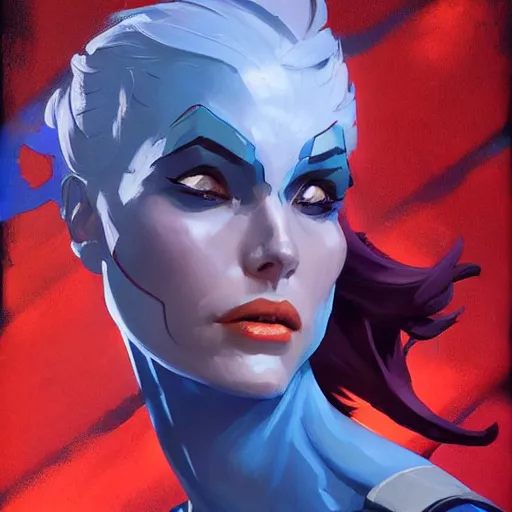 Image similar to greg manchess portrait painting of mystique x - men as overwatch character, medium shot, asymmetrical, profile picture, organic painting, sunny day, matte painting, bold shapes, hard edges, street art, trending on artstation, by huang guangjian and gil elvgren and sachin teng