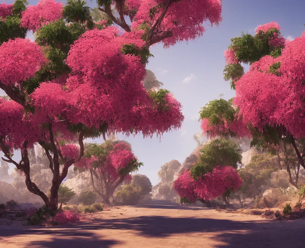 Prompt: a very beautiful scene, ambient occlusion render. desert road with bougainvillea, ruins, hyperrealistic, 4 k. wide angle. wild. deep focus, lovely scene. concept art. unreal engine.