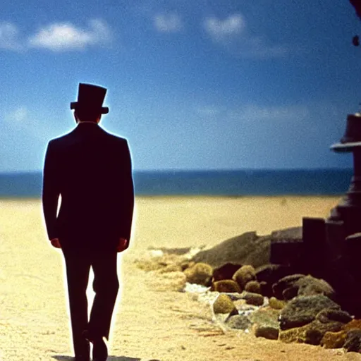 Prompt: the godfather wears a top hat. 5 0 mm, cinematic, technicolor. sea and beach and a man in the background. he walks.