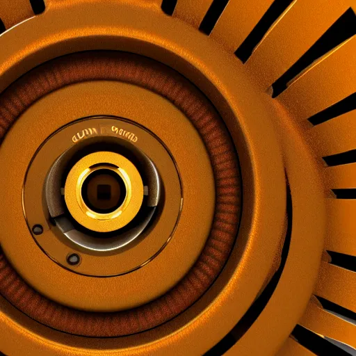 Image similar to a camera lens made of cogs, gears, pistons, and steam. golden and brown hues. blooming highlights. 3 d render.
