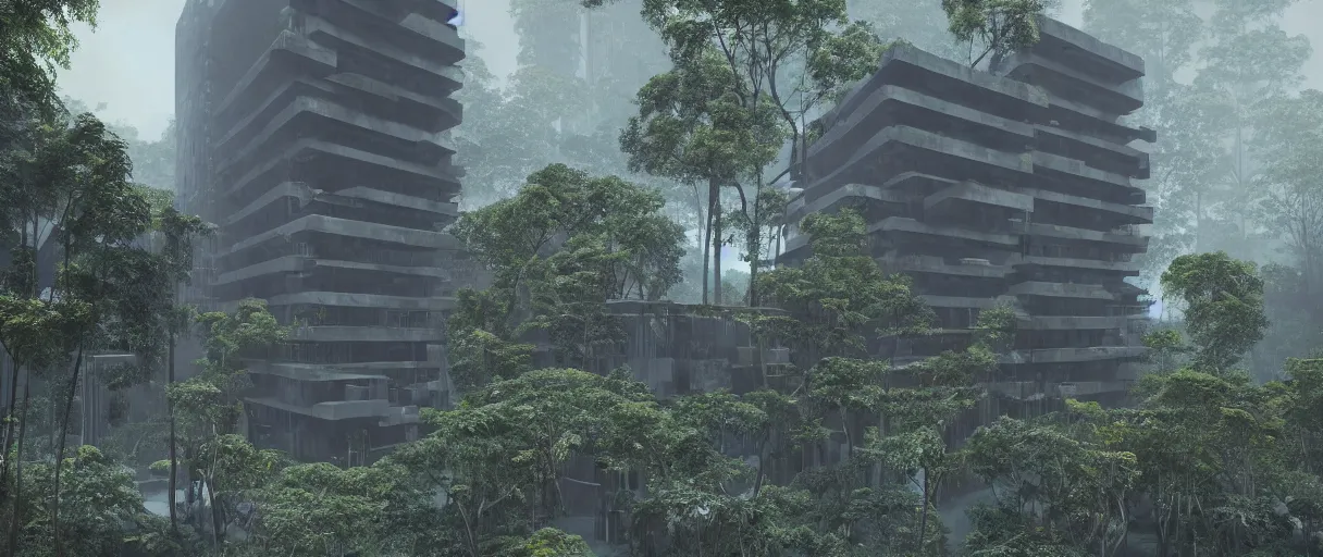 Image similar to brutalist architecture inspired by louis kahn deep in the rainforest. nature is taking over. matte painting by ivan laliashvili. unreal engine 5 render. color scheme blueish. hard shadows. cinematic.