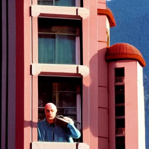Prompt: Poetic sequence in Mr. Clean, a movie by Wes Anderson starring Adrian Brody. Adrian Brody tries to clean the windows of a large hotel in the Alps with mountain in the background. Splendid Wes Anderson colors, cinematic, very crisp