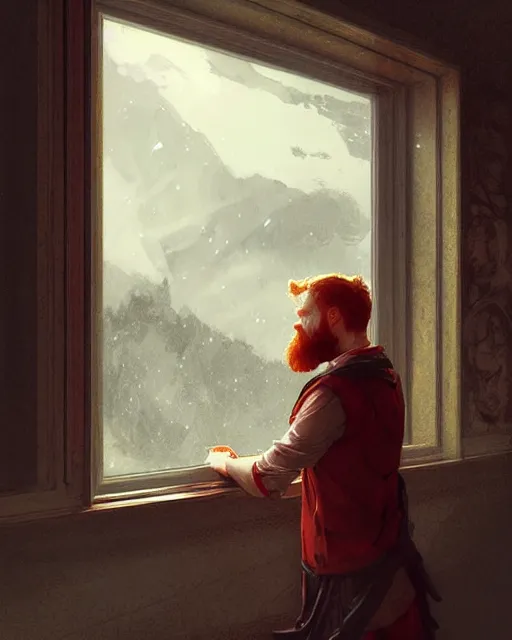 Image similar to attractive red - headed bearded man looking out the window sadly, highly detailed, digital painting, artstation, concept art, smooth, sharp focus, illustration, art by artgerm and greg rutkowski and alphonse mucha