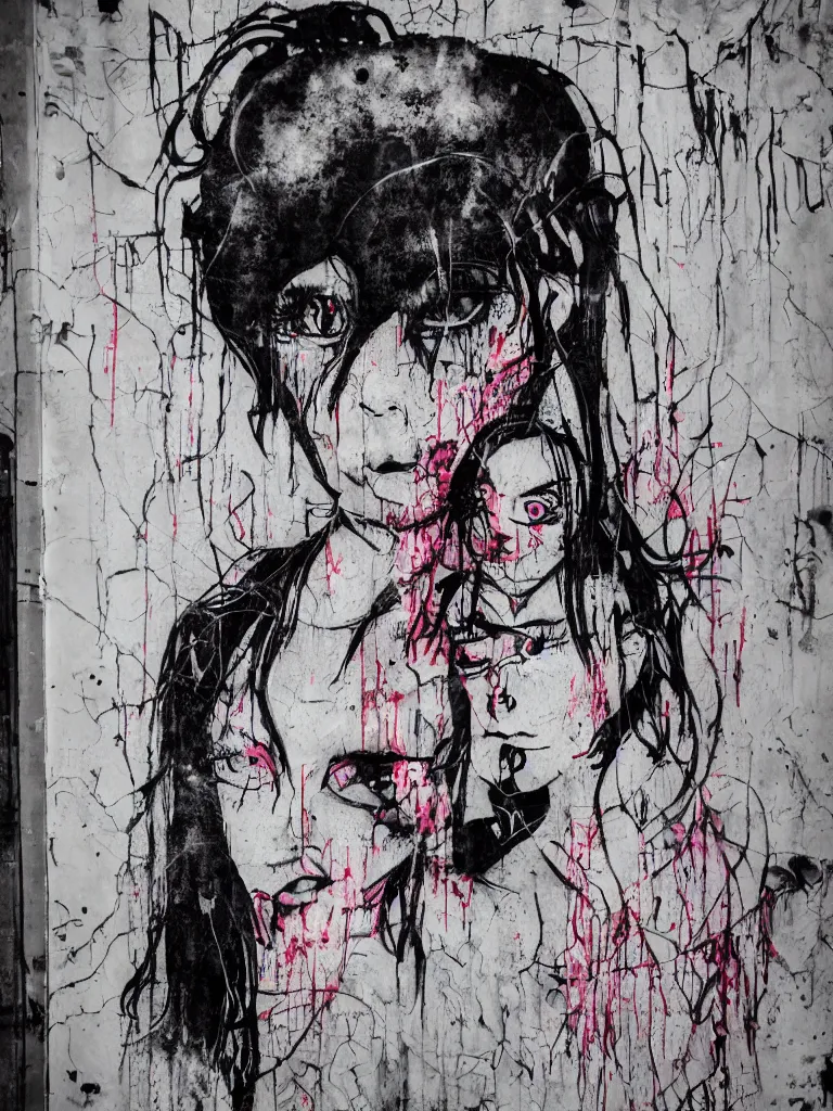 Image similar to graffiti in an abandoned overgrown warehouse, cute fumo plush gothic black enigmatic maiden girl painted in spilt ink and washed watercolor lurching out of the portrait in 3 d, avant garde pop art, filmic, captured on canon eos r 6