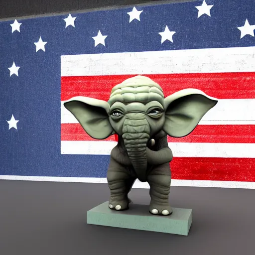 Image similar to elephant yoda as potus american flag in 3 d, art designers magazine photo unreal 8 k resolution