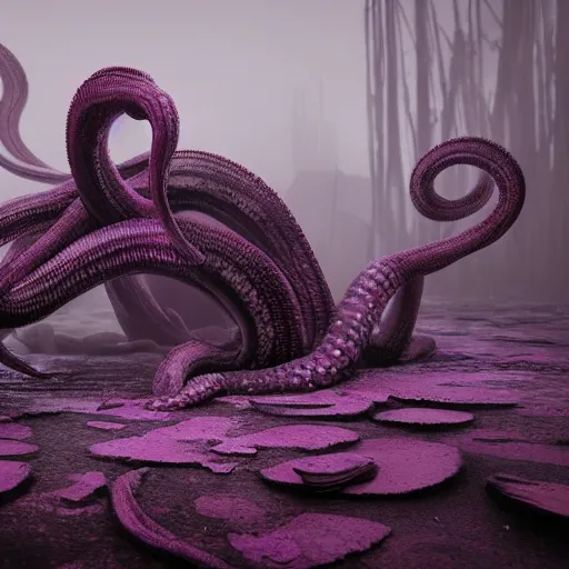 Image similar to soft painting curiosities horror tentacles synthwave, accurate features, focus, very intricate ultrafine details, black white purple, dense fog, award winning masterpiece, octane render 8 k hd, fantasy