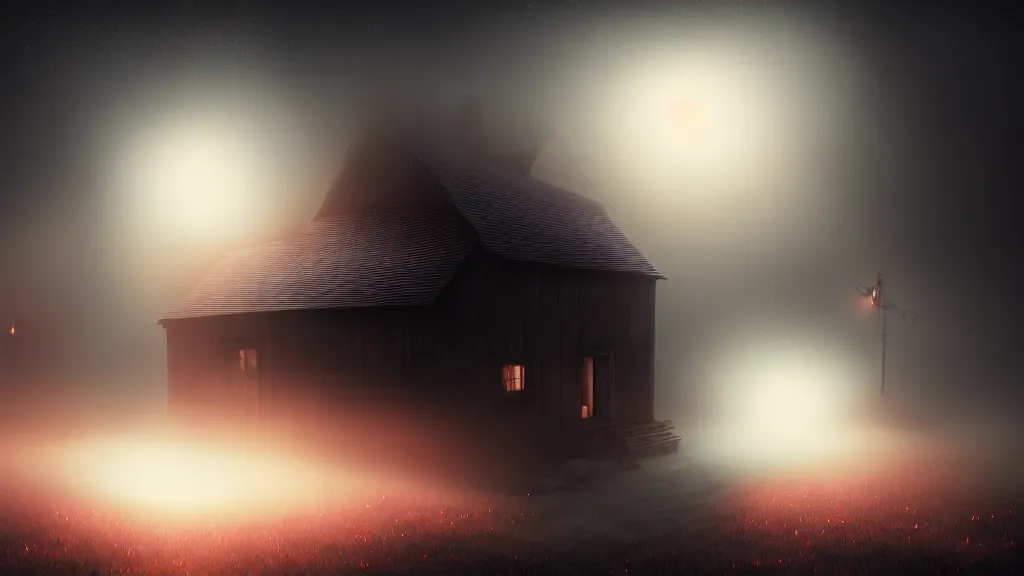 Image similar to thin luminous threads stretch from a black sphere that is in the sky above a small village with wooden houses in the fog, fog, volumetric lighting, mystique, atmospheric, sharp focus, ultra detailed, ross tran, thierry doizon, kai carpenter, ignacio fernandez rios, noir art house, 4 k, 3 5 mm