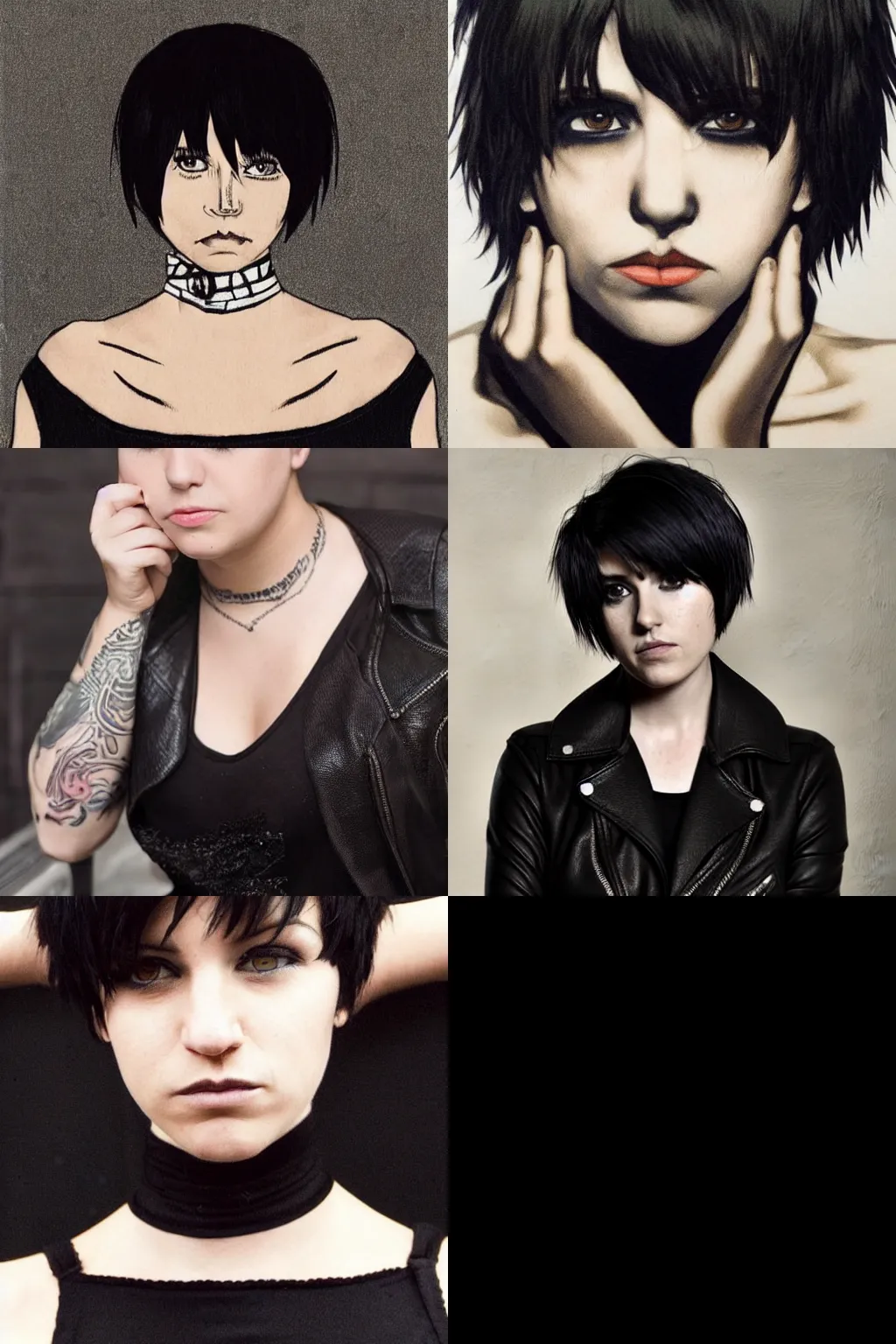 Prompt: an emo portrait by arthur adams. her hair is dark brown and cut into a short, messy pixie cut. she has a slightly rounded face, with a pointed chin, large entirely - black eyes, and a small nose. she is wearing a black tank top, a black leather jacket, a black knee - length skirt, and a black choker..