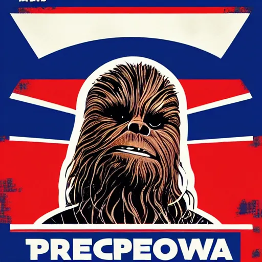 Image similar to chewbacca presidential election poster showing close up of chewbacca face red and blue duotone by sheperd fairey no text