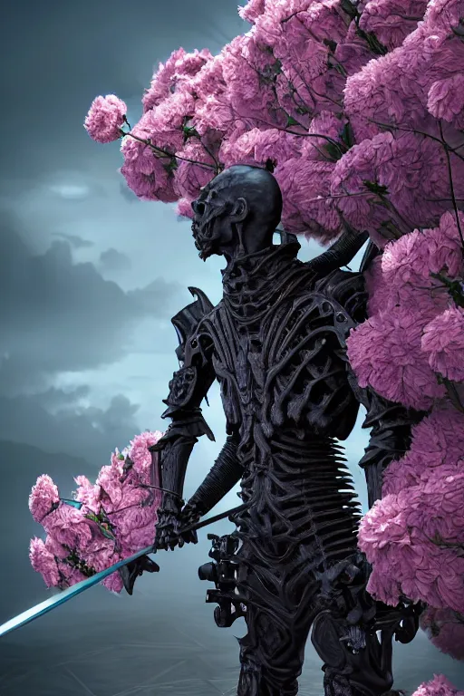 Prompt: hyperrealistic neo - gothic human gargoyle hybrid, exoskeleton armor, fighting with katana, field of pink flowers, highly detailed digital art masterpiece, vitaly bulgarov dramatic dark teal light, ground angle hd 8 k, sharp focus