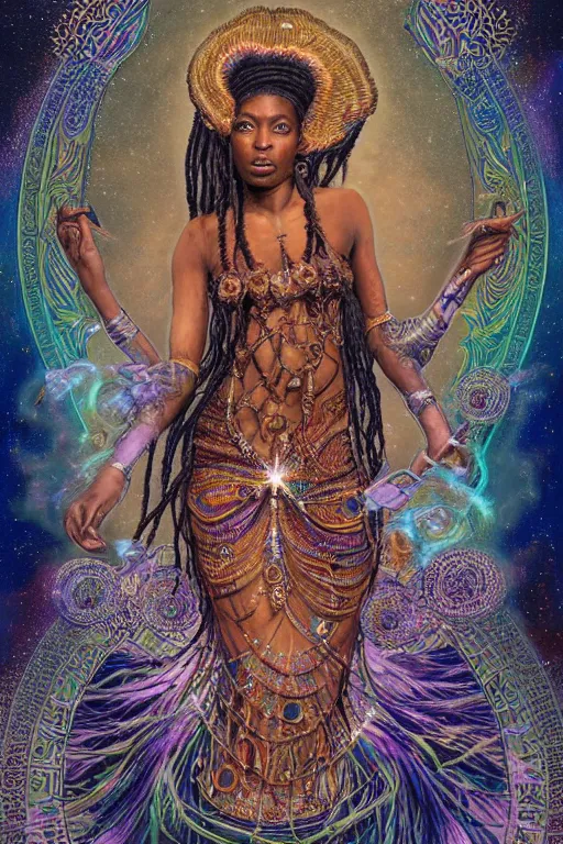 Prompt: beautiful, iridescent, and refined engraved fractal tarot card featuring an ornate, realistic, and regal high key studio anaglyph full body portrait of an attractive young kenyan princess with beaded dreadlocks in front of a brilliant nebula by Eric Lafforgue, by mucha and mohrbacher, by Dan Mumford, by Jim Fitzpatrick, featured on deviant art, trending on artstation