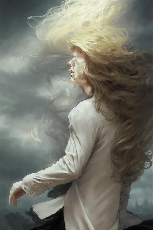 Image similar to johan liebert mixed with alucard picture by Greg Rutkowski, long fluffy blond curly hair, baroque curls, dynamic pose, thicc, matte painting, intricate, z brush, fantasy concept art, elegant, in a white dress shirt and black miniskirt, by Stanley Artgerm Lau, WLOP, golden ratio, thomas kindkade, alphonse mucha, loish, Peter chung, norman Rockwell,