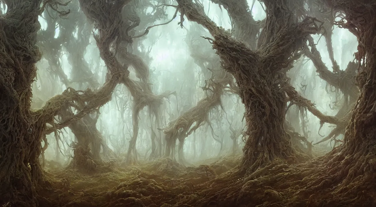 Image similar to a finely detailed painting of an ancient forest in the style of Peter Mohrbacher and Peter Gric