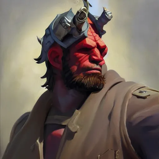 Image similar to greg manchess portrait painting of the hellboy as overwatch character, medium shot, asymmetrical, profile picture, organic painting, sunny day, matte painting, bold shapes, hard edges, street art, trending on artstation, by huang guangjian and gil elvgren and sachin teng