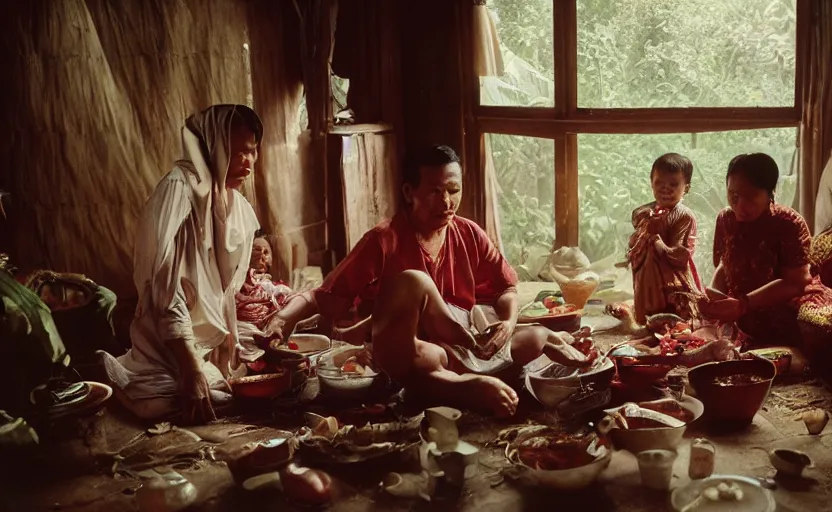 Image similar to a cinematic photograph of an Indonesian family inside their traditional house, by Gregory Crewdson, shot on 35mm film camera, natural lighting, 8K,