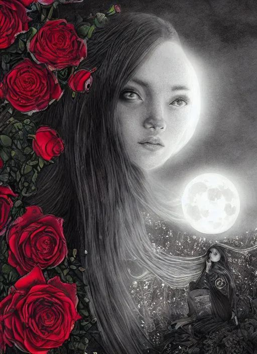 Image similar to portrait, A young witch in front of the full big moon, book cover, red roses, red white black colors, establishing shot, extremly high detail, foto realistic, cinematic lighting, pen and ink, intricate line drawings, by Yoshitaka Amano, Ruan Jia, Kentaro Miura, Artgerm, post processed, concept art, artstation, matte painting, style by eddie, raphael lacoste, alex ross