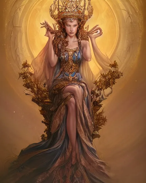 Image similar to full view Symbolic portrait of an ethereal Queen in a crown of sorrow wearing a ornate dress sitting on a throne by Anna Dittman and Jesper Ejsing, detailed and realistic, featured on Artstation, soft lighting, behance