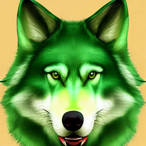 Image similar to Beautiful portrait digital painting of an anthro anthropomorphic green wolf. minimalist background