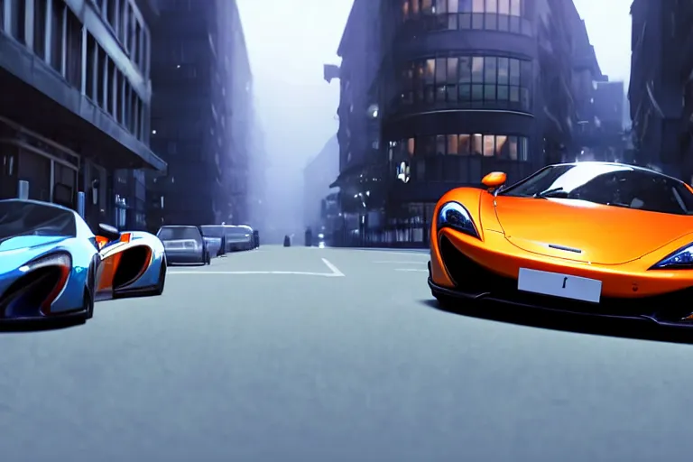 Image similar to a wholesome animation key shot of!! one!! focused!! mclaren!!! p 1!!, shiny deep orange, in a misty london street, wide shot, studio ghibli, pixar and disney animation, sharp, very detailed, high resolution, rendered in unreal engine 5, anime key art by greg rutkowski, bloom, dramatic lighting