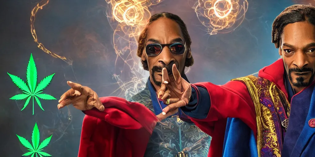 Image similar to snoop dogg as the doctor strange, marijuana leaves, green light, highly detailed, marvel cinematic universe, mcu, photo