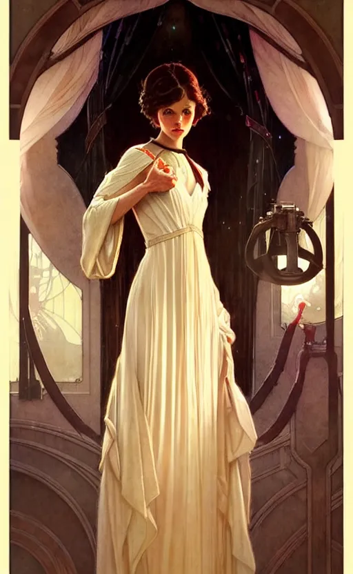 Image similar to girl wearing gown gorgeous lighting by weta studio, mucha, bautista and norman rockwell and greg rutkowski and tom bagshaw and james gurney and lucasfilm