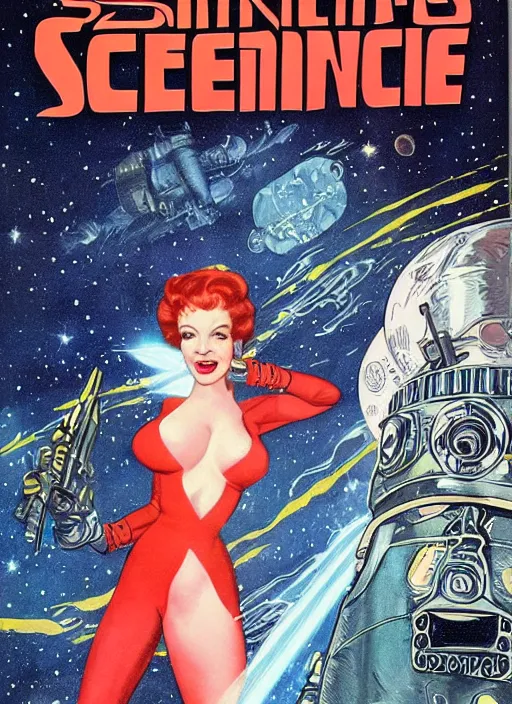 Prompt: Beautiful Christina Hendricks as badass space wizard in retro science fiction cover by Kelly Freas (1965), vintage 1960 print, detailed, trending on artstation