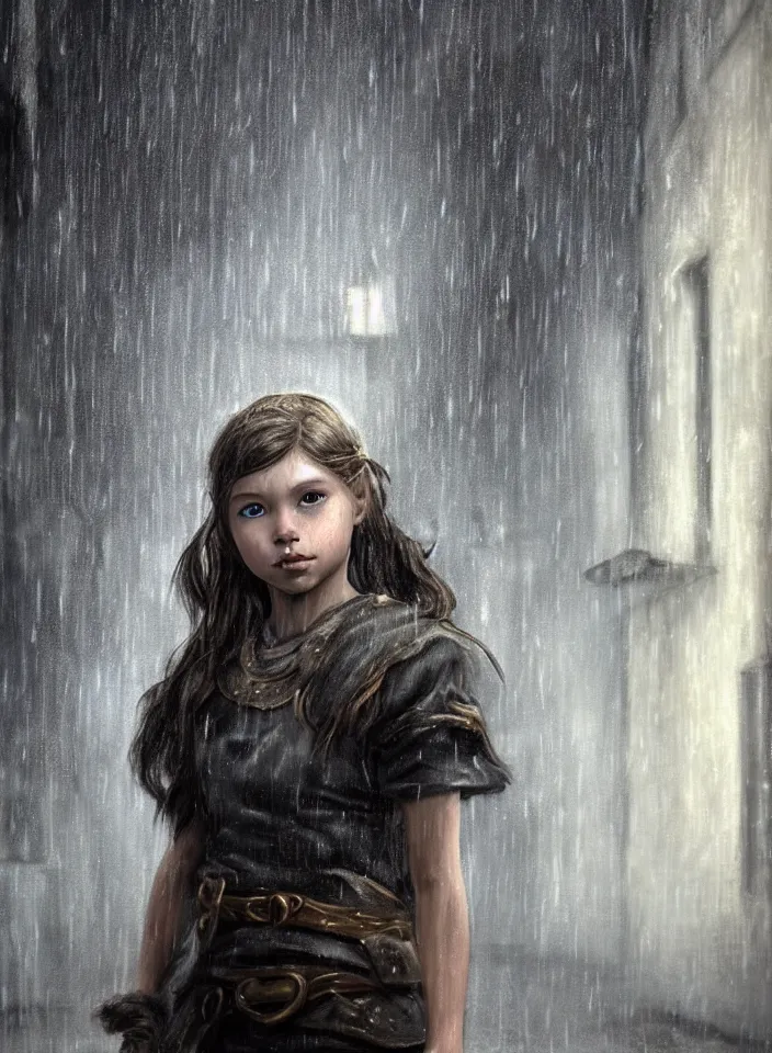 Prompt: a closeup portrait of an young girl from skyrim standing in an alleyway whilst raining, fantasy setting, city environment, serene colors, soft lighting, atmospheric, cinematic, moody, in the style of diego koi, gina heyer, luiz escanuela, art by alyssa monk, depth, hyperrealism, rule of thirds, golden ratio, oil on canvas, 8 k