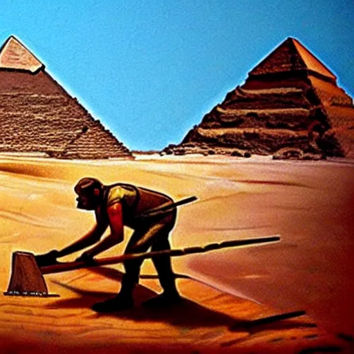 Image similar to a man cutting wood in front of egypt pyramids, painted by drew struzan