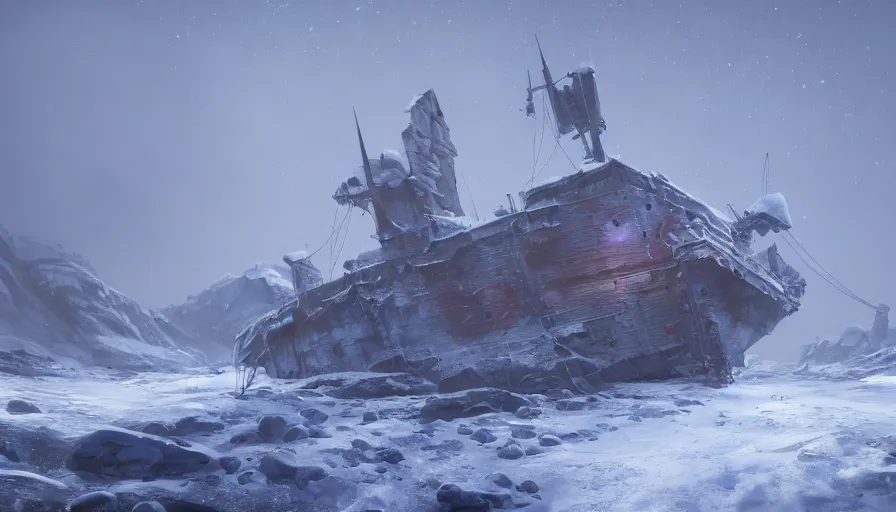 Image similar to abandoned ship in snowy mountains in a frozen planet, hyperdetailed, artstation, cgsociety, 8 k